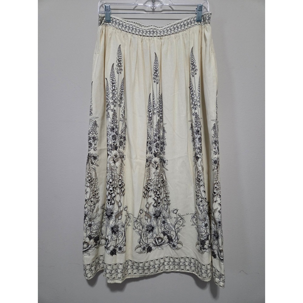 Max Studio London Floral Toile Linen Blend Maxi Skirt Cream Black Large